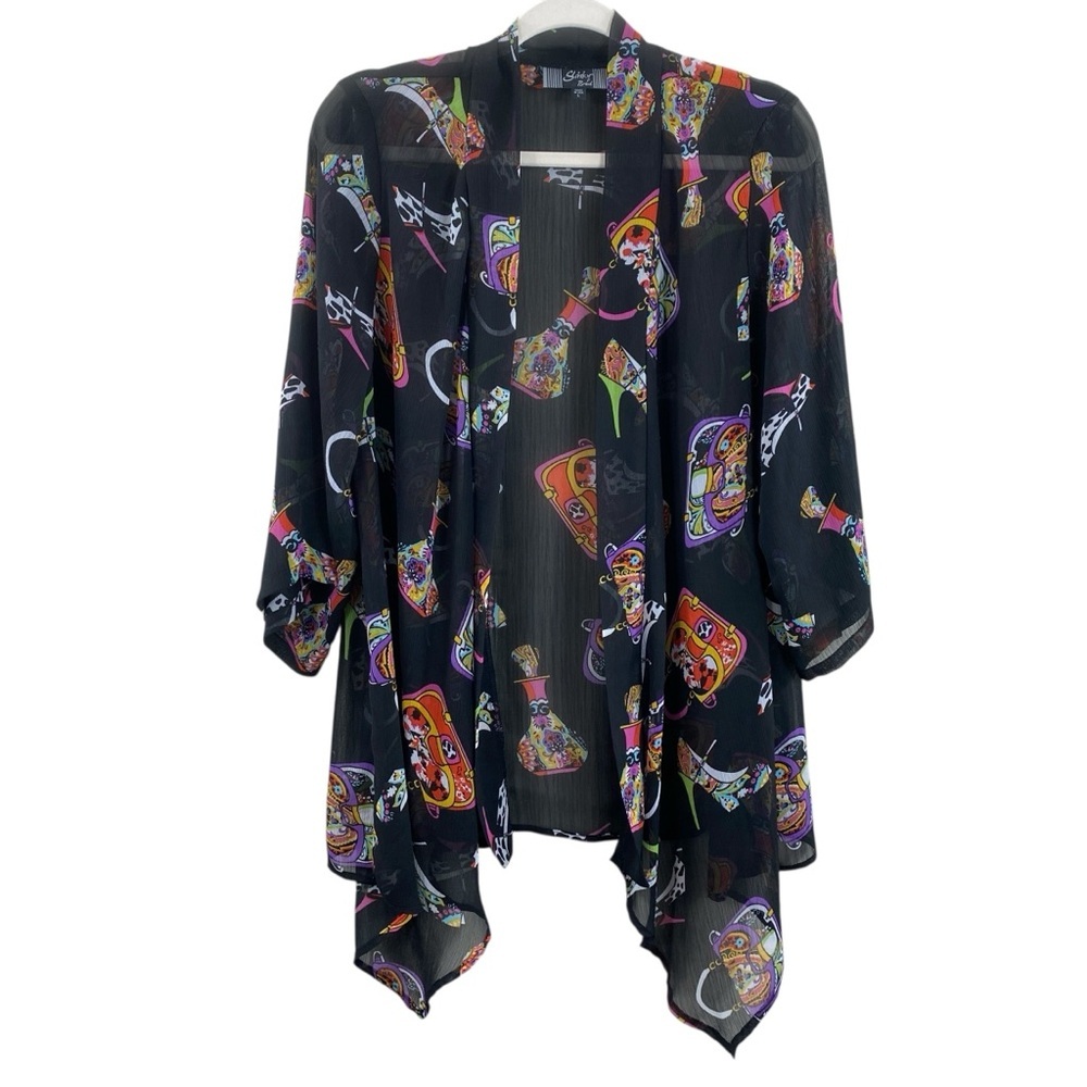 Slinky Brand Women's‎ Open Front Novelty Print Black Sheer Kimono Sz M